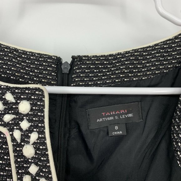 Tahari ASL Dress Black White Tweed Beaded V Neck Sleeveless Sheath - Picture 4 of 11